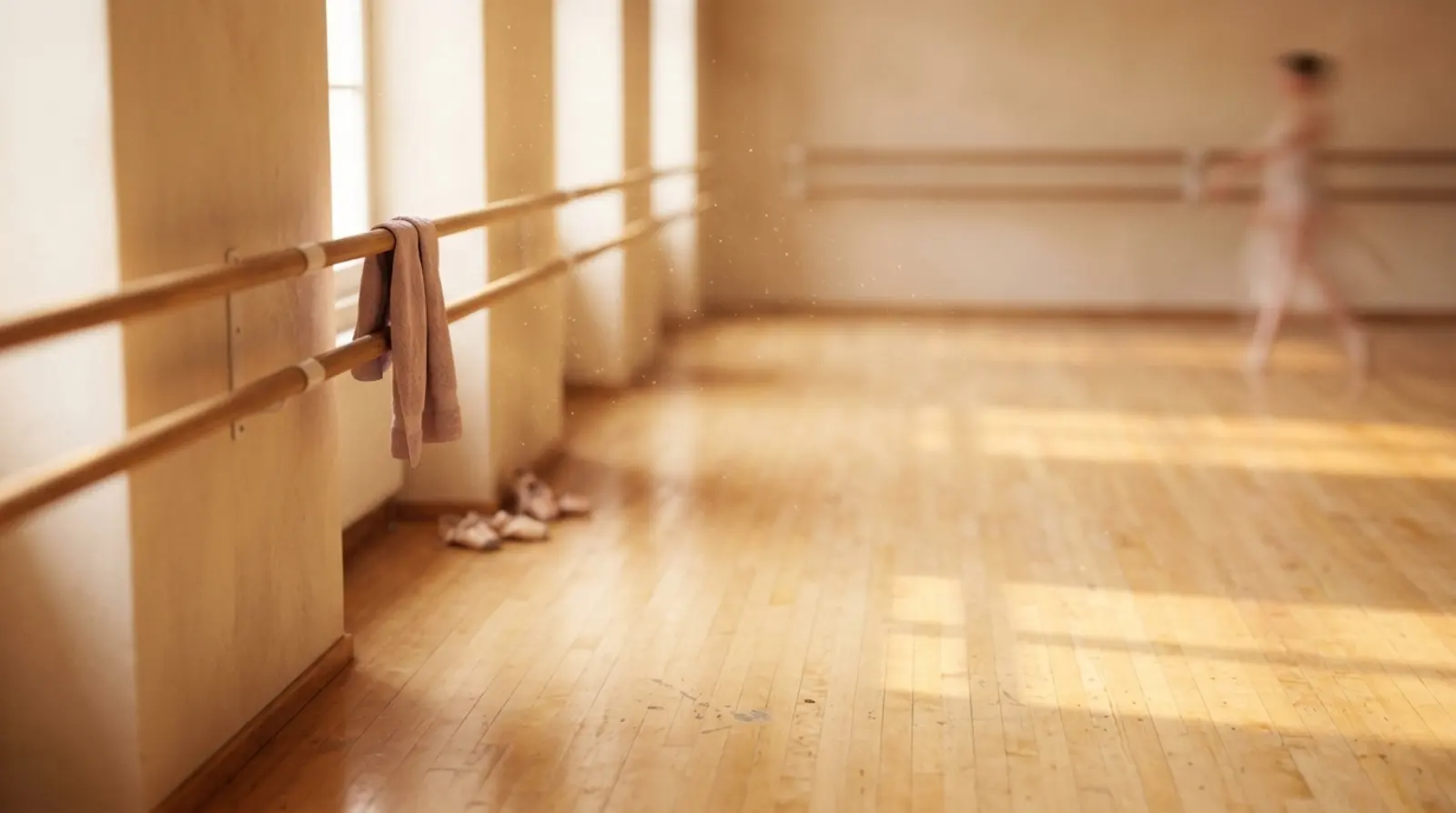 Sunlit dance studio with barres and a dancer in the background