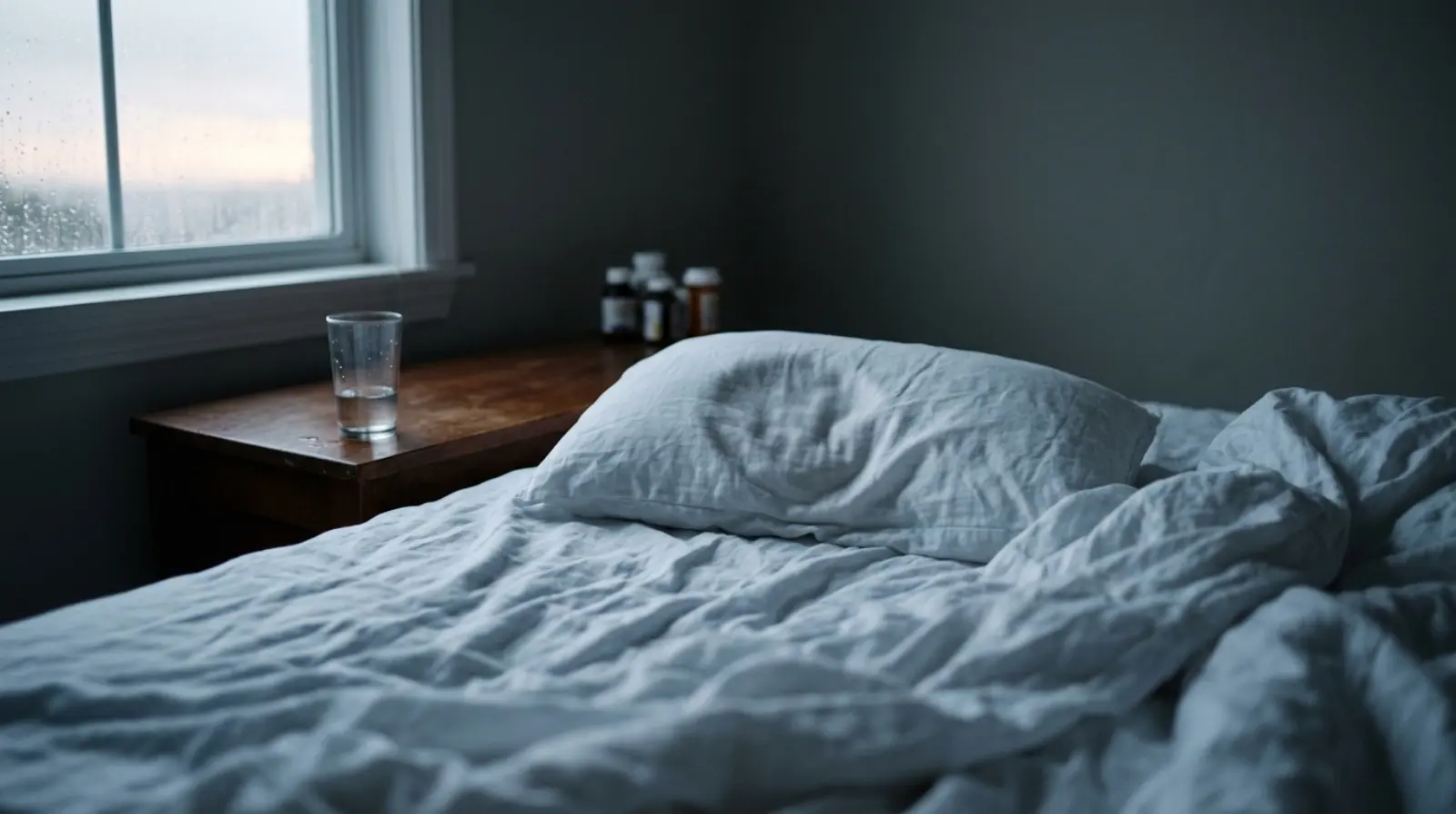 Quiet recovery room with bed, glass of water, and medicine bottles