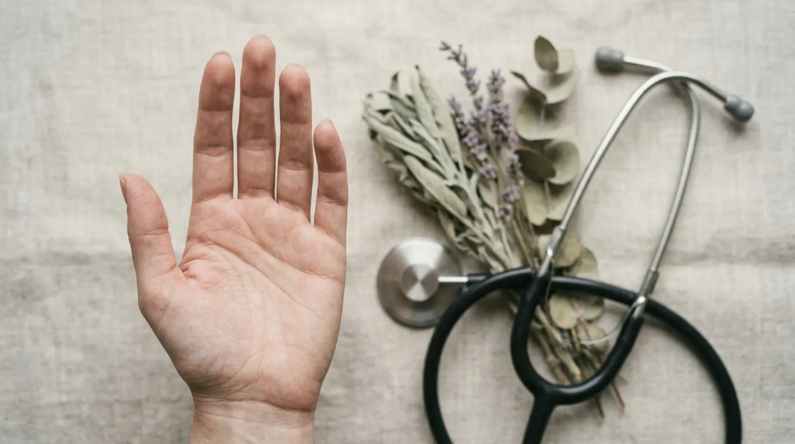 Open hand next to a stethoscope and dried herbs