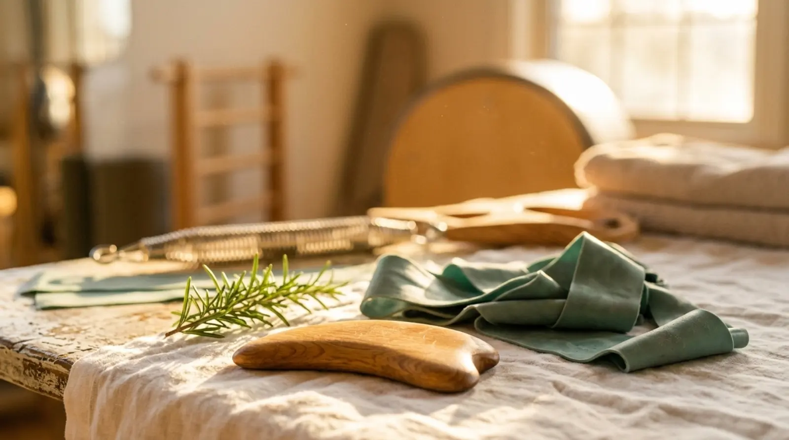 Movement medicine tools laid out on a treatment table
