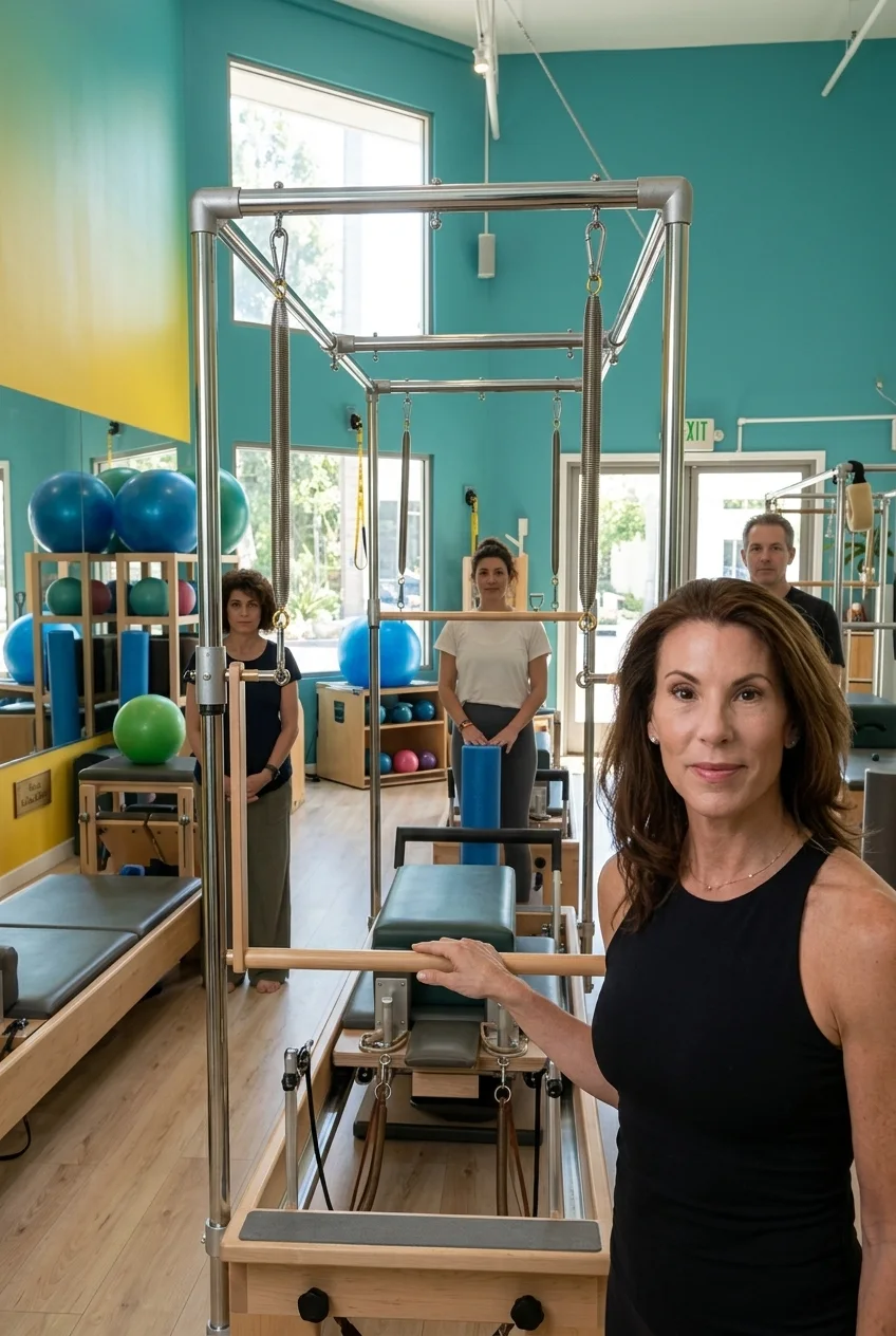 Alicia Gilbert in a Pilates studio with clients and reformer equipment