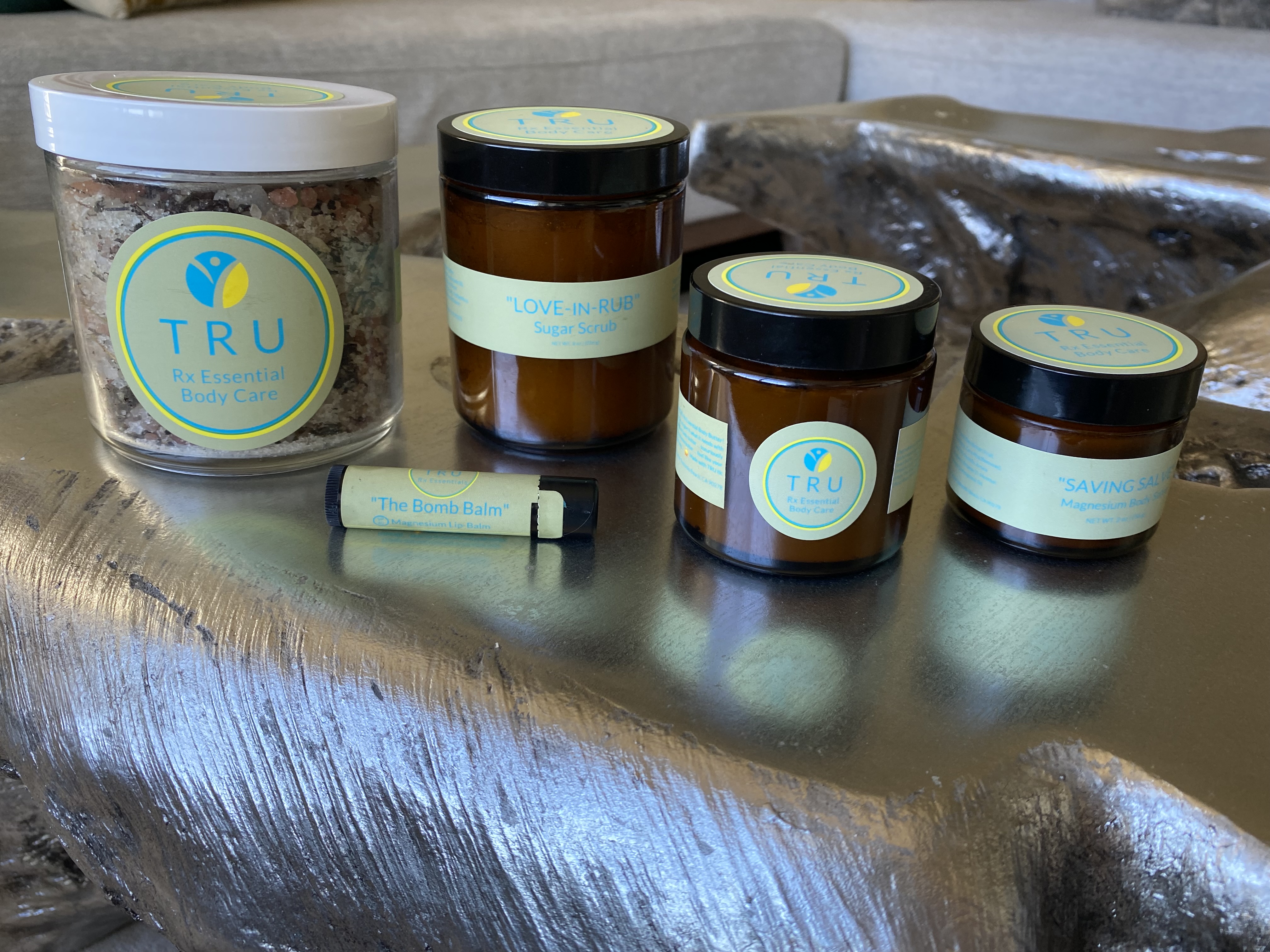 TRU Rx complete set with bath soak, scrub, salve, butter, and lip balm