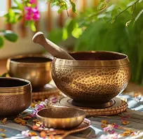 Sound bowls arranged for a restorative retreat session