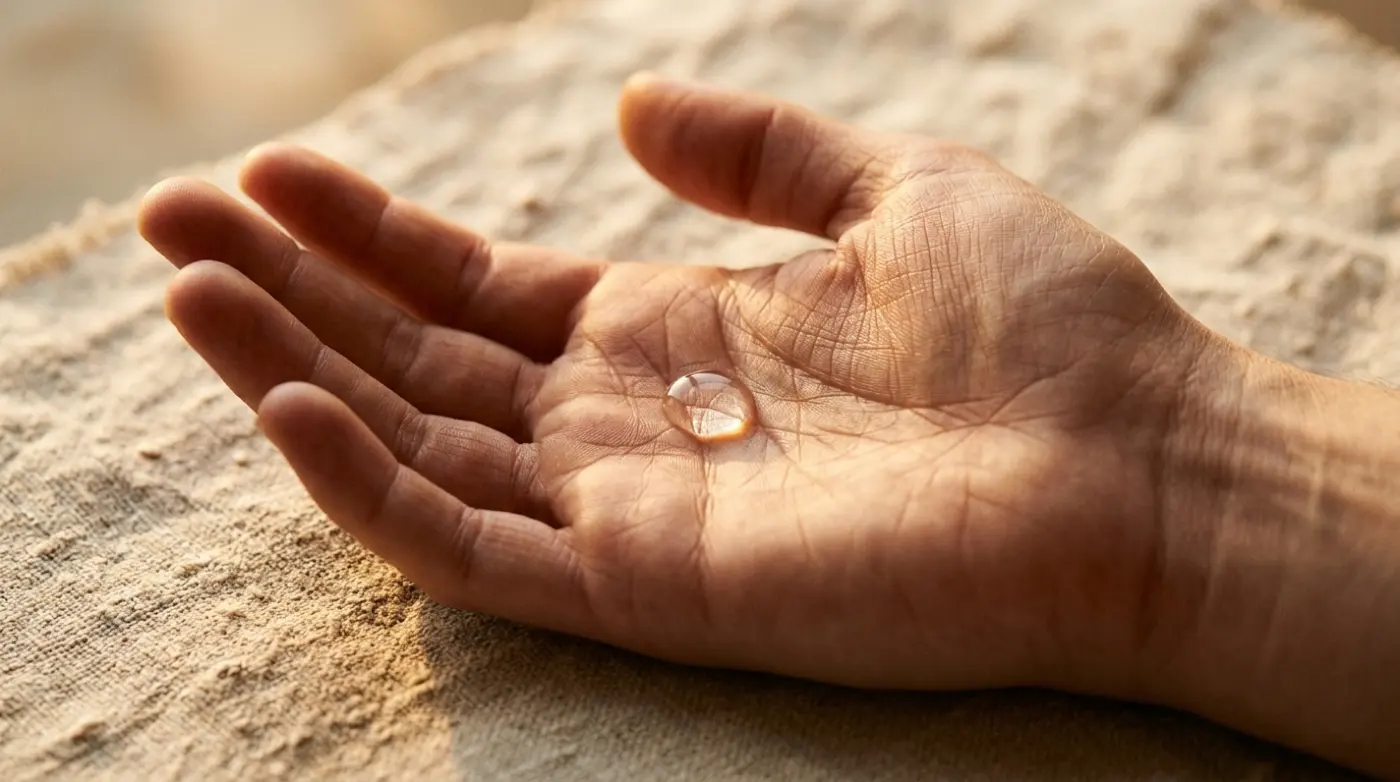 Open hand holding a bead of water in warm light