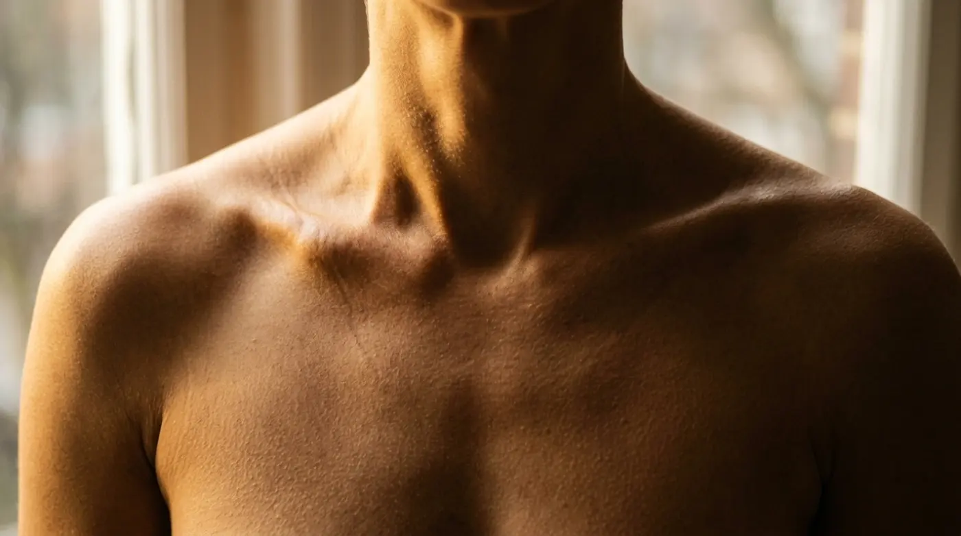 Upper chest and collarbones illuminated by warm light